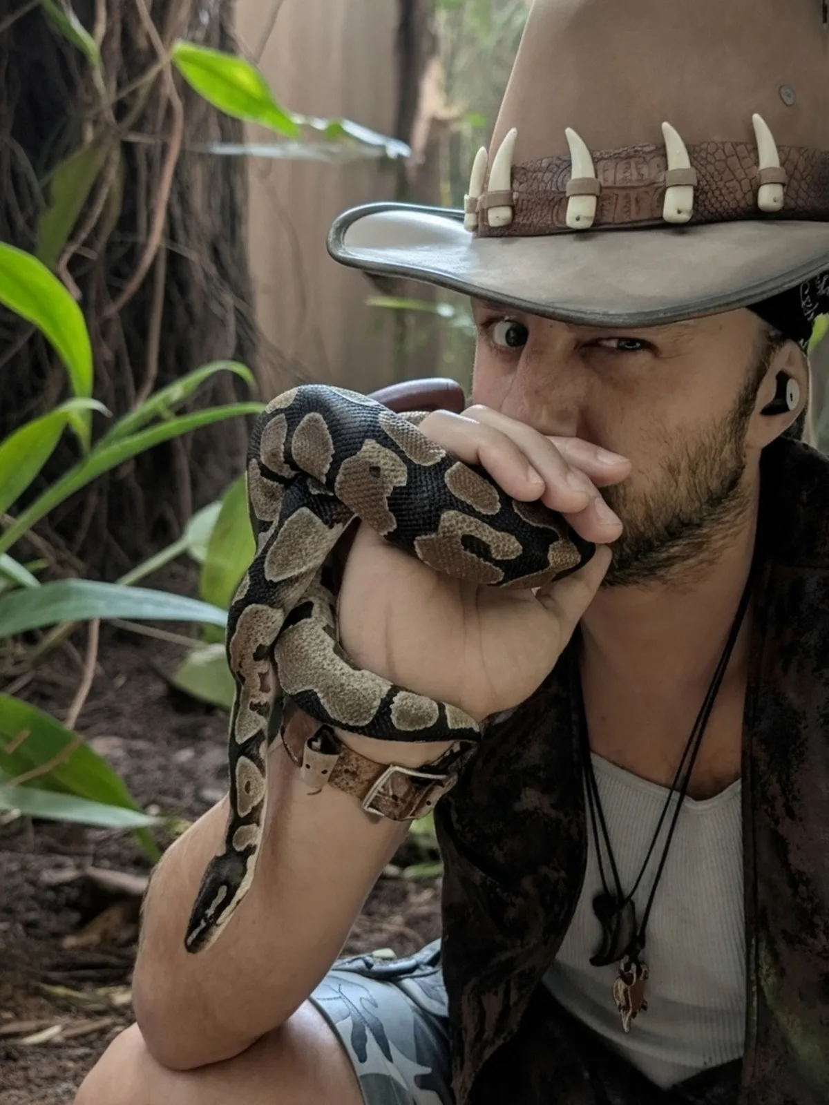 A handler showing a patterned snake close to the camera